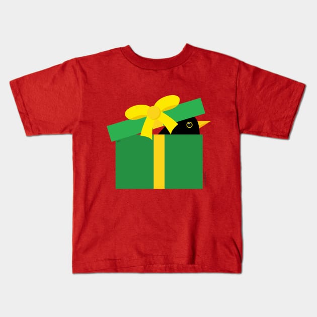 Cute Blackbird Peeking Out Of A Gift Box Kids T-Shirt by BirdAtWork